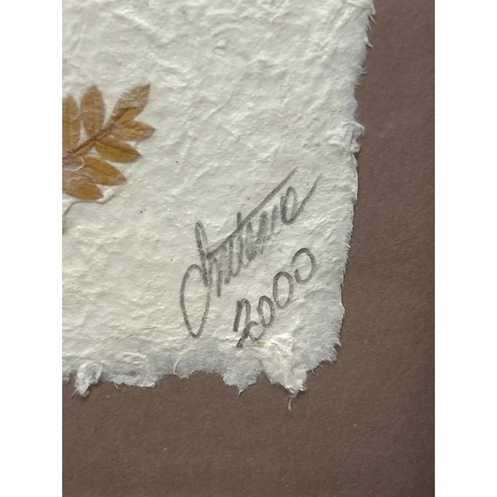 Vintage Signed Pressed Botanical Leaf Art Framed Handmade Paper 2000 12x8.5in